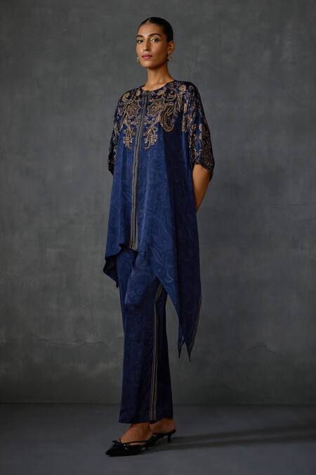 Shop_Namrata Joshipura_Blue Satin Embroidery Round Neck Paisley Embellished Tunic With Pant _Online_at_Aza_Fashions