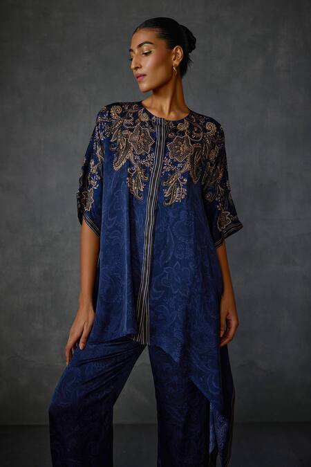 Namrata Joshipura_Blue Satin Embroidery Round Neck Paisley Embellished Tunic With Pant _at_Aza_Fashions