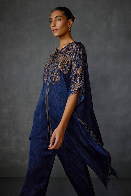 Buy_Namrata Joshipura_Blue Satin Embroidery Round Neck Paisley Embellished Tunic With Pant 