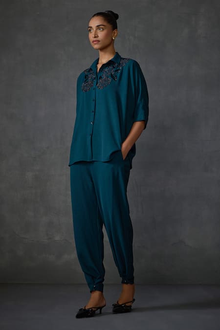 Buy Namrata Joshipura Green Crepe Beads Collared Myrrah Floral Embellished Shirt With Pant Online at Aza Fashions Buy_Namrata Joshipura_Green Crepe Beads Collared Myrrah Floral Embellished Shirt With Pant _Online_at_Aza_Fashions