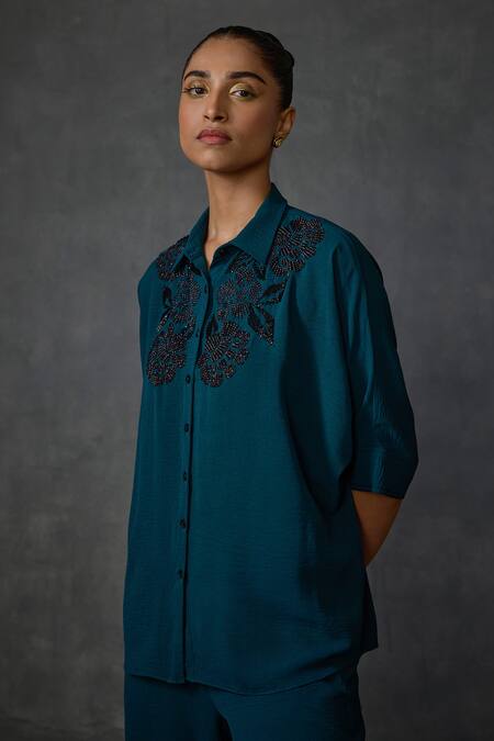 Shop Namrata Joshipura Green Crepe Beads Collared Myrrah Floral Embellished Shirt With Pant Online at Aza Fashions Shop_Namrata Joshipura_Green Crepe Beads Collared Myrrah Floral Embellished Shirt With Pant _Online_at_Aza_Fashions