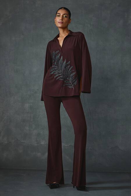 Namrata Joshipura_Brown Jersey Sequins, Flaux Petal Leaf Hand Embellished Tunic With Pant _Online_at_Aza_Fashions