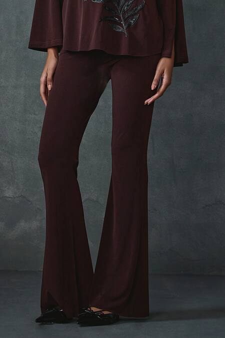 Buy_Namrata Joshipura_Brown Jersey Sequins, Flaux Petal Leaf Hand Embellished Tunic With Pant _Online_at_Aza_Fashions