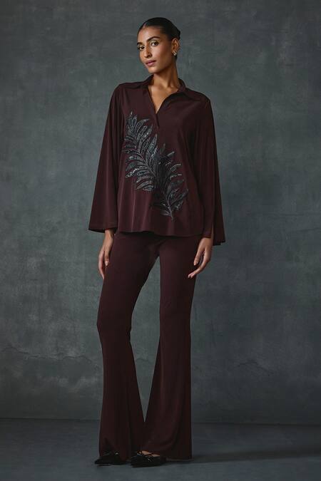 Shop_Namrata Joshipura_Brown Jersey Sequins, Flaux Petal Leaf Hand Embellished Tunic With Pant _Online_at_Aza_Fashions
