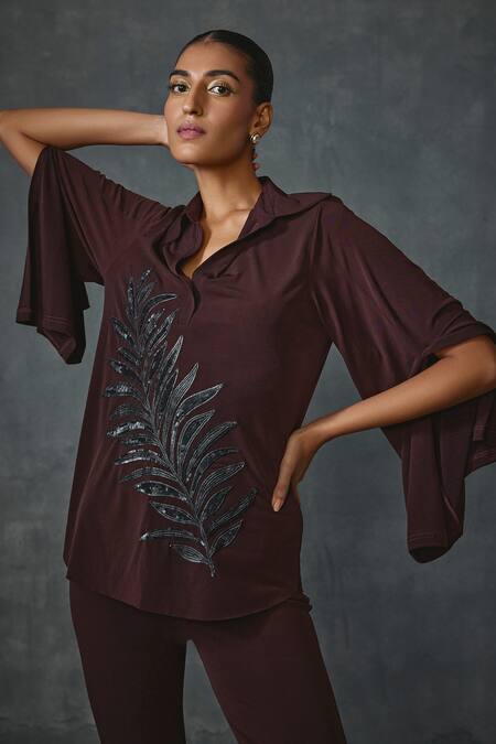 Namrata Joshipura_Brown Jersey Sequins, Flaux Petal Leaf Hand Embellished Tunic With Pant _at_Aza_Fashions