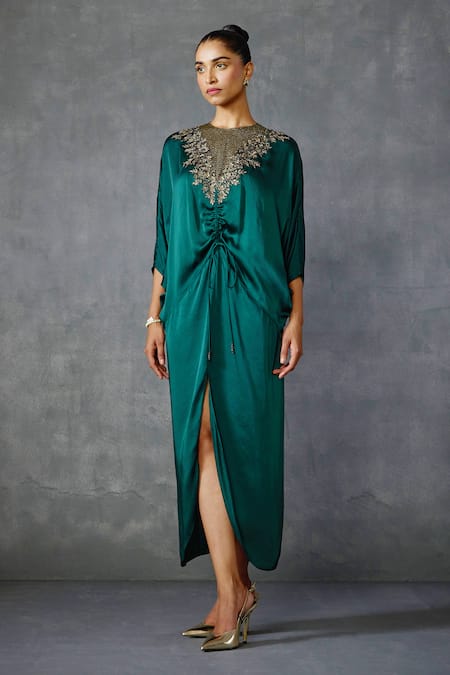 NAMRATA JOSHIPURA Green Satin Hand Embellishment Floral Round Lattice Dress 