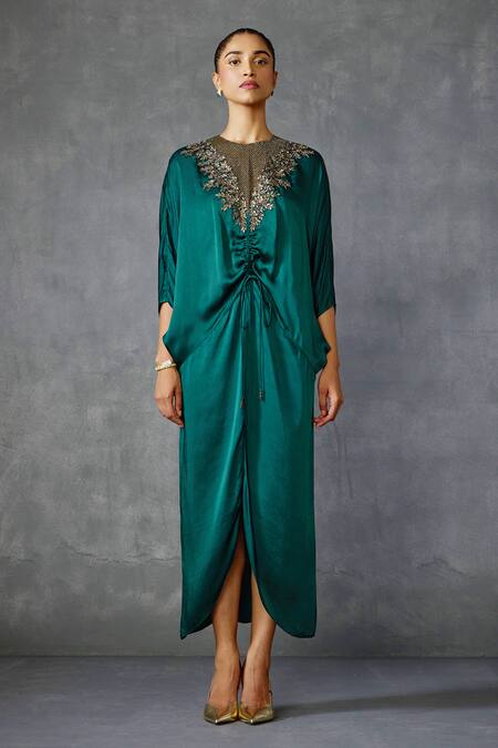 Namrata Joshipura_Green Satin Embroidery Round Neck Lattice Floral Hand Embellished Dress _Online_at_Aza_Fashions