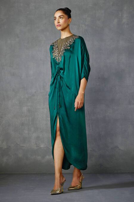 Buy_Namrata Joshipura_Green Satin Embroidery Round Neck Lattice Floral Hand Embellished Dress _Online_at_Aza_Fashions