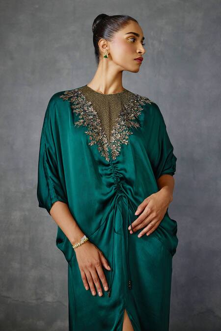 Shop_Namrata Joshipura_Green Satin Embroidery Round Neck Lattice Floral Hand Embellished Dress _Online_at_Aza_Fashions