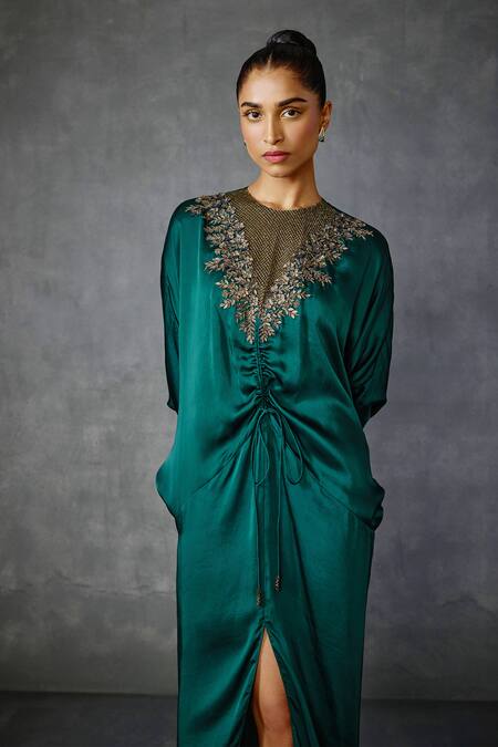 Namrata Joshipura_Green Satin Embroidery Round Neck Lattice Floral Hand Embellished Dress _at_Aza_Fashions