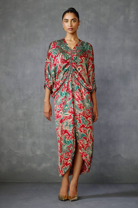 Namrata Joshipura Red Satin Embroidery V-neck Floral Hand Embellished Midi Dress Online at Aza Fashions Namrata Joshipura_Red Satin Embroidery V-neck Floral Hand Embellished Midi Dress _Online_at_Aza_Fashions