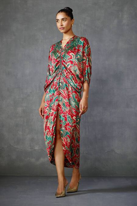 Buy Namrata Joshipura Red Satin Embroidery V-neck Floral Hand Embellished Midi Dress Online at Aza Fashions Buy_Namrata Joshipura_Red Satin Embroidery V-neck Floral Hand Embellished Midi Dress _Online_at_Aza_Fashions