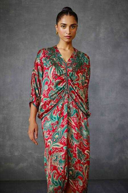 Shop Namrata Joshipura Red Satin Embroidery V-neck Floral Hand Embellished Midi Dress Online at Aza Fashions Shop_Namrata Joshipura_Red Satin Embroidery V-neck Floral Hand Embellished Midi Dress _Online_at_Aza_Fashions