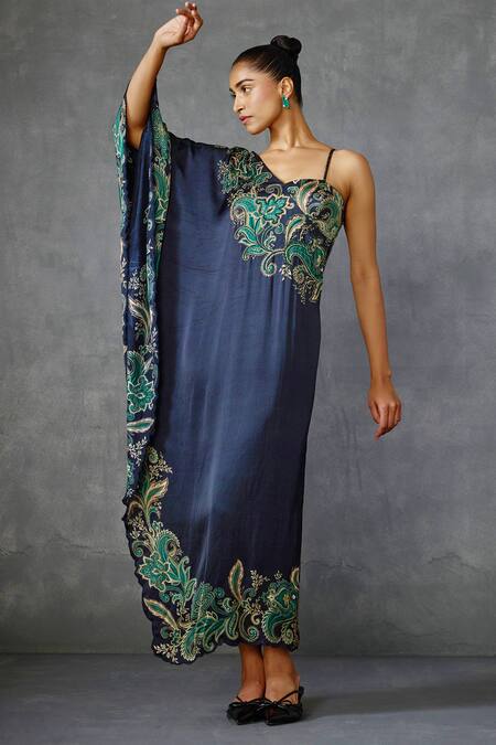 Namrata Joshipura_Black Satin Embroidery Asymmetric Hem One Shoulder Dress _Online_at_Aza_Fashions