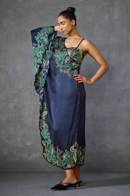 Buy_Namrata Joshipura_Black Satin Embroidery Asymmetric Hem One Shoulder Dress _Online_at_Aza_Fashions