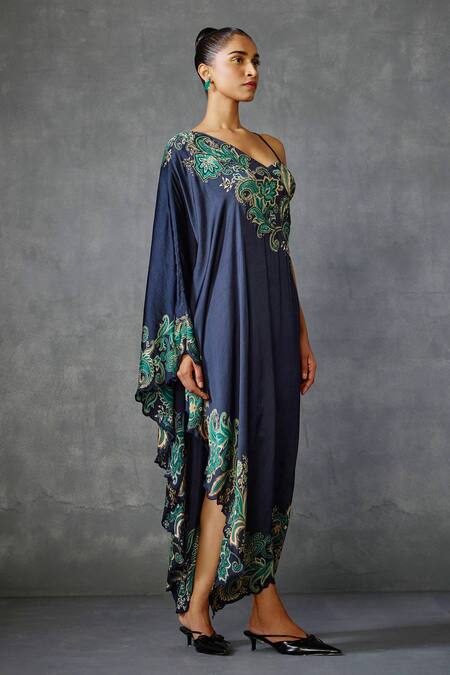 Shop_Namrata Joshipura_Black Satin Embroidery Asymmetric Hem One Shoulder Dress _Online_at_Aza_Fashions