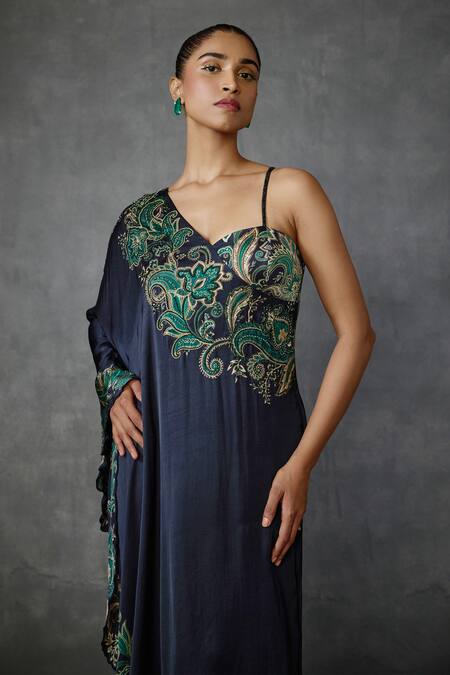 Namrata Joshipura_Black Satin Embroidery Asymmetric Hem One Shoulder Dress _at_Aza_Fashions
