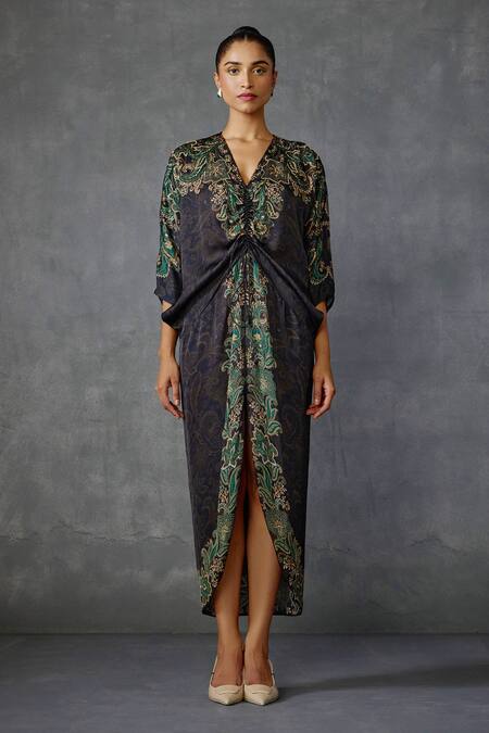 Namrata Joshipura Black Satin Embroidery V-neck Front Tie-up Dress Online at Aza Fashions Namrata Joshipura_Black Satin Embroidery V-neck Front Tie-up Dress _Online_at_Aza_Fashions