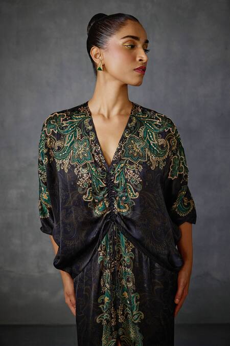 Shop Namrata Joshipura Black Satin Embroidery V-neck Front Tie-up Dress Online at Aza Fashions Shop_Namrata Joshipura_Black Satin Embroidery V-neck Front Tie-up Dress _Online_at_Aza_Fashions