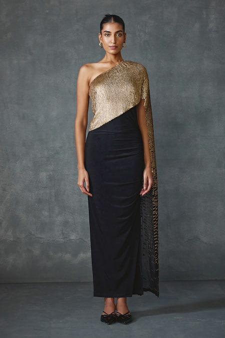 Shop Namrata Joshipura Black Jersey One Shoulder Bark Hand Embellished Attached Draped Gown Online at Aza Fashions Shop_Namrata Joshipura_Black Jersey One Shoulder Bark Hand Embellished Attached Draped Gown _Online_at_Aza_Fashions