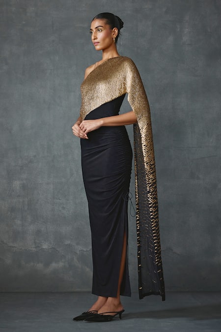 Buy Namrata Joshipura Black Jersey One Shoulder Bark Hand Embellished Attached Draped Gown Buy_Namrata Joshipura_Black Jersey One Shoulder Bark Hand Embellished Attached Draped Gown