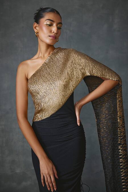 Shop Namrata Joshipura Black Jersey One Shoulder Bark Hand Embellished Attached Draped Gown Shop_Namrata Joshipura_Black Jersey One Shoulder Bark Hand Embellished Attached Draped Gown