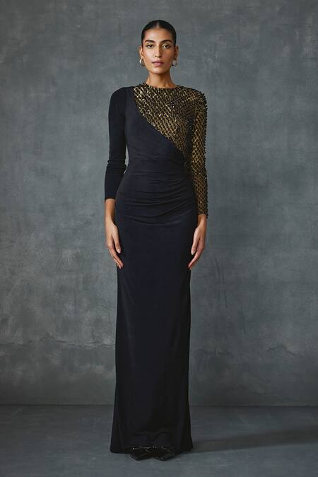Shop_Namrata Joshipura_Black Jersey Round Neck Dazzling Geometric Hand Embellished Gown _Online_at_Aza_Fashions
