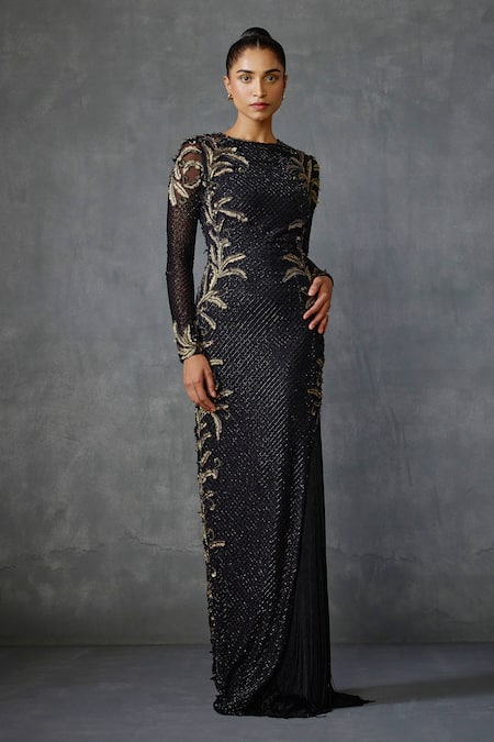 NAMRATA JOSHIPURA Black Georgette Hand Embellishment Fern Round Autumn Detailed Gown 