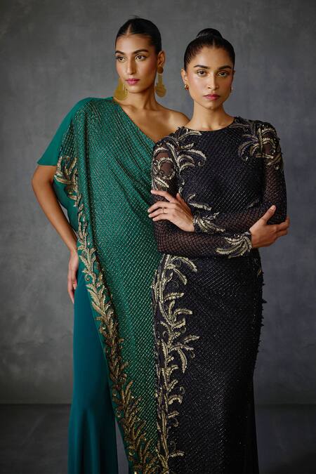 Shop Namrata Joshipura Black Georgette Beads Round Neck Autumn Fern Detailed Gown Online at Aza Fashions Shop_Namrata Joshipura_Black Georgette Beads Round Neck Autumn Fern Detailed Gown _Online_at_Aza_Fashions