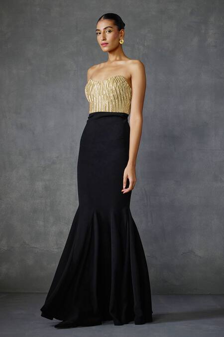 Namrata Joshipura_Black Satin Beads Sweetheart Neck Glissara Embellished Gown _Online_at_Aza_Fashions