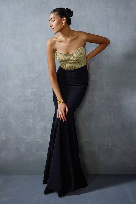 Shop_Namrata Joshipura_Black Satin Beads Sweetheart Neck Glissara Embellished Gown _Online_at_Aza_Fashions