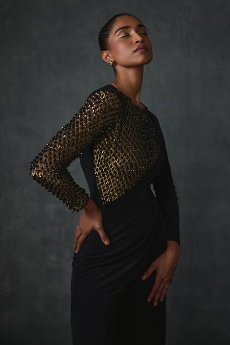 Buy_Namrata Joshipura_Black Jersey Beads High Neck Dazzling Attached Drape Jumpsuit _Online_at_Aza_Fashions