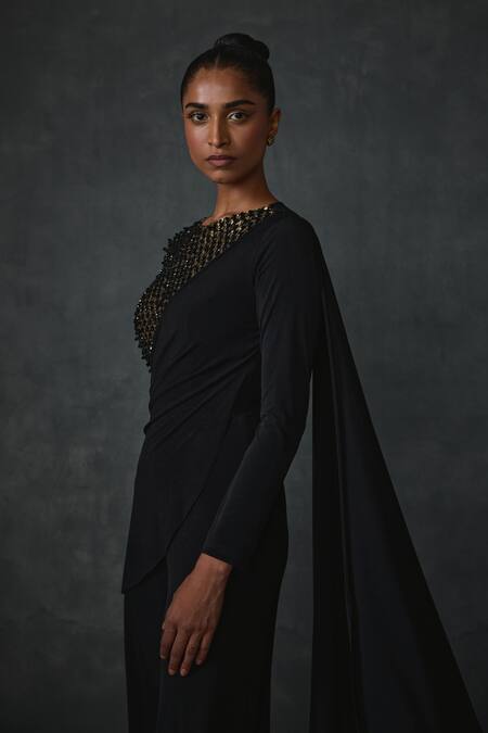 Shop_Namrata Joshipura_Black Jersey Beads High Neck Dazzling Attached Drape Jumpsuit _Online_at_Aza_Fashions