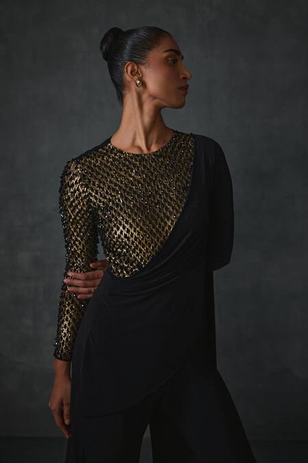 Namrata Joshipura_Black Jersey Beads High Neck Dazzling Attached Drape Jumpsuit _at_Aza_Fashions