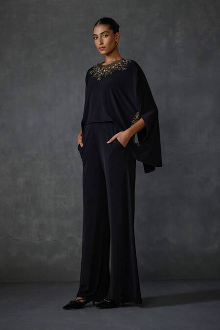 Namrata Joshipura_Black Jersey Embroidery Round Neck Lattice Hand Embellished Jumpsuit _Online_at_Aza_Fashions