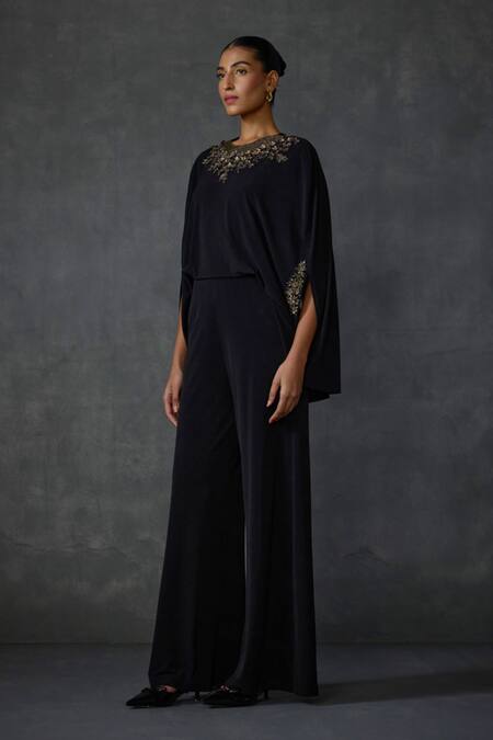 Buy_Namrata Joshipura_Black Jersey Embroidery Round Neck Lattice Hand Embellished Jumpsuit _Online_at_Aza_Fashions