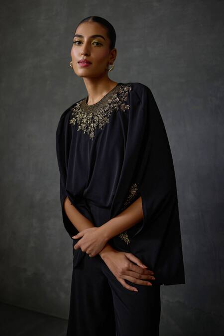 Shop_Namrata Joshipura_Black Jersey Embroidery Round Neck Lattice Hand Embellished Jumpsuit _Online_at_Aza_Fashions