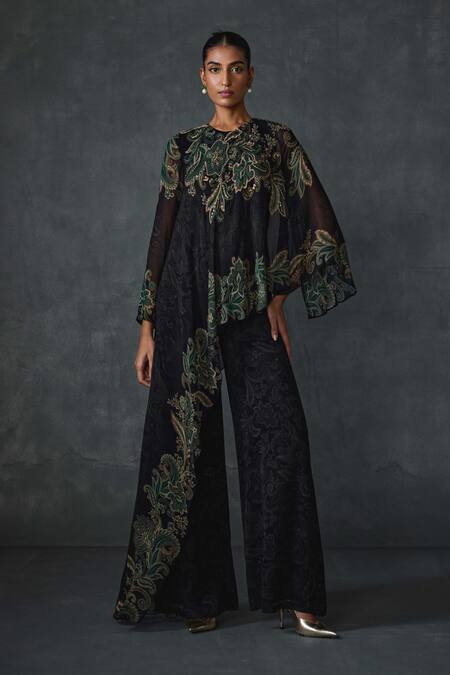 NAMRATA JOSHIPURA Black Georgette Hand Embellishment Paisley Round Cape Style Jumpsuit 