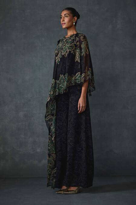 Namrata Joshipura Black Georgette Embroidery Round Neck Paisley Cape Style Jumpsuit Online at Aza Fashions Namrata Joshipura_Black Georgette Embroidery Round Neck Paisley Cape Style Jumpsuit _Online_at_Aza_Fashions