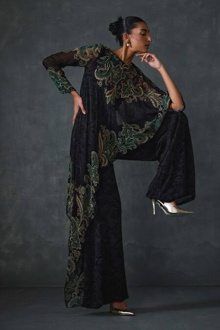 Buy Namrata Joshipura Black Georgette Embroidery Round Neck Paisley Cape Style Jumpsuit Online at Aza Fashions Buy_Namrata Joshipura_Black Georgette Embroidery Round Neck Paisley Cape Style Jumpsuit _Online_at_Aza_Fashions