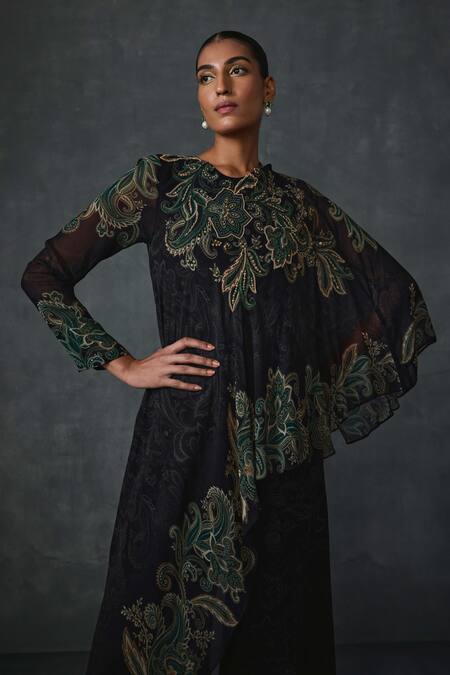 Shop Namrata Joshipura Black Georgette Embroidery Round Neck Paisley Cape Style Jumpsuit Online at Aza Fashions Shop_Namrata Joshipura_Black Georgette Embroidery Round Neck Paisley Cape Style Jumpsuit _Online_at_Aza_Fashions