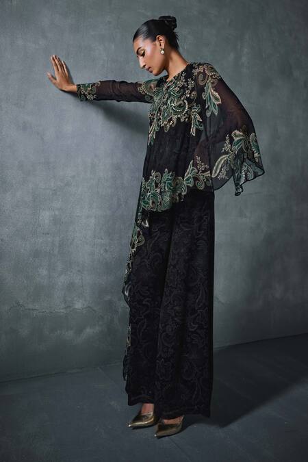 Namrata Joshipura Black Georgette Embroidery Round Neck Paisley Cape Style Jumpsuit at Aza Fashions Namrata Joshipura_Black Georgette Embroidery Round Neck Paisley Cape Style Jumpsuit _at_Aza_Fashions