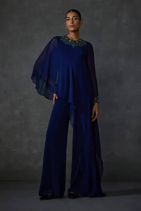 NAMRATA JOSHIPURA Blue Jersey Hand Embellishment Stone Round Jewel Panel Jumpsuit 