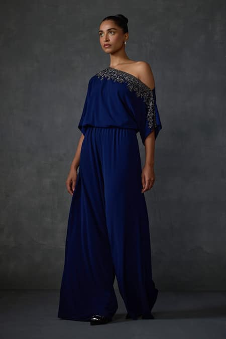 NAMRATA JOSHIPURA Blue Jersey Hand Embellishment Floral Drop Shoulder Lattice Jumpsuit 