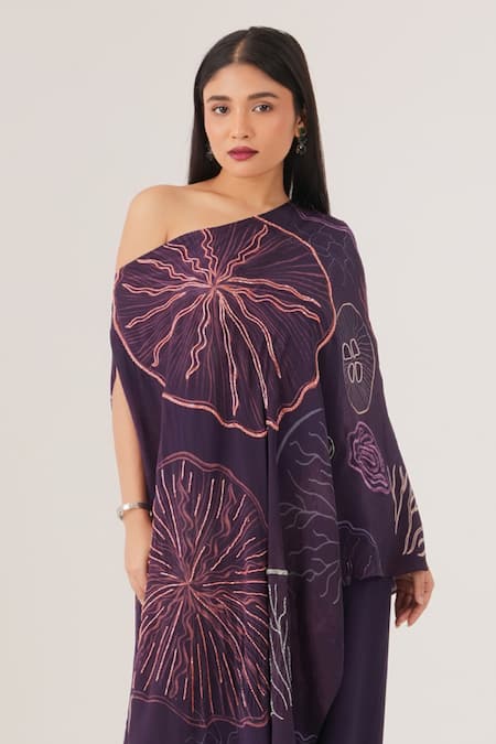 Label Shristi Chetani Purple Crepe Beads One Shoulder Abstract Pattern Asymmetric Top With Flared Pant Online at Aza Fashions Label Shristi Chetani_Purple Crepe Beads One Shoulder Abstract Pattern Asymmetric Top With Flared Pant_Online_at_Aza_Fashions