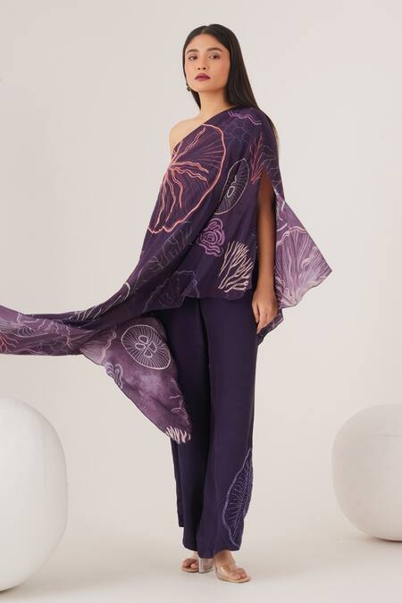 Buy Label Shristi Chetani Purple Crepe Beads One Shoulder Abstract Pattern Asymmetric Top With Flared Pant Online at Aza Fashions Buy_Label Shristi Chetani_Purple Crepe Beads One Shoulder Abstract Pattern Asymmetric Top With Flared Pant_Online_at_Aza_Fashions