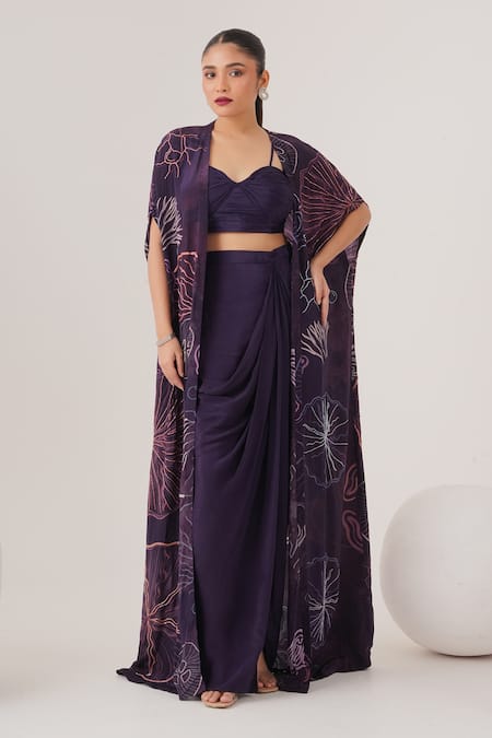 LABEL SHRISTI CHETANI Abstract Pattern Cape Draped Skirt Set 