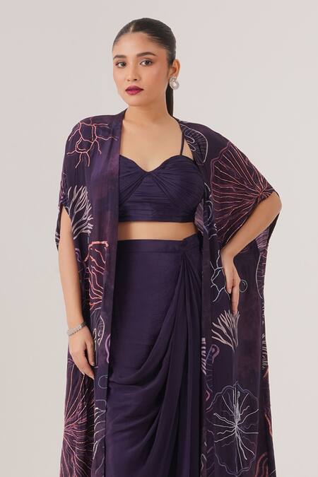 Label Shristi Chetani_Purple Crepe Beads Sweetheart Neck Abstract Pattern Cape Draped Skirt Set_Online_at_Aza_Fashions
