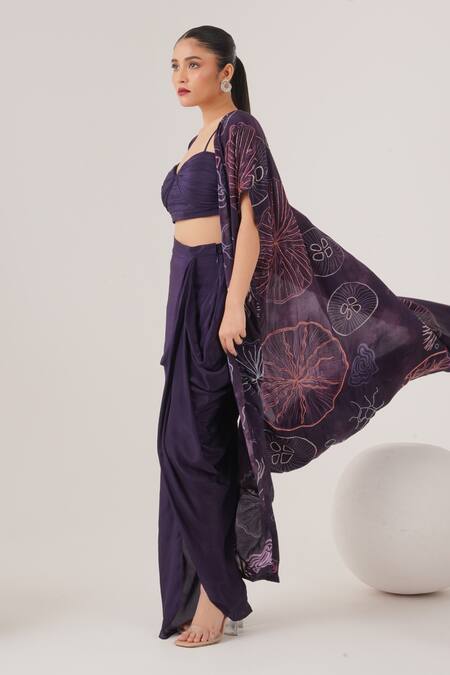 Buy_Label Shristi Chetani_Purple Crepe Beads Sweetheart Neck Abstract Pattern Cape Draped Skirt Set_Online_at_Aza_Fashions