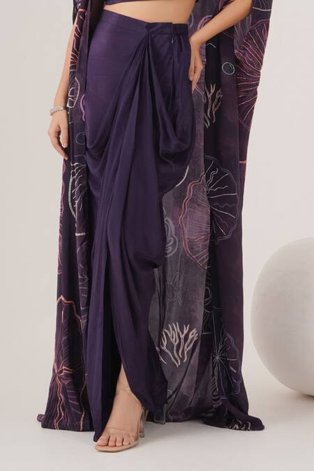 Shop_Label Shristi Chetani_Purple Crepe Beads Sweetheart Neck Abstract Pattern Cape Draped Skirt Set_Online_at_Aza_Fashions